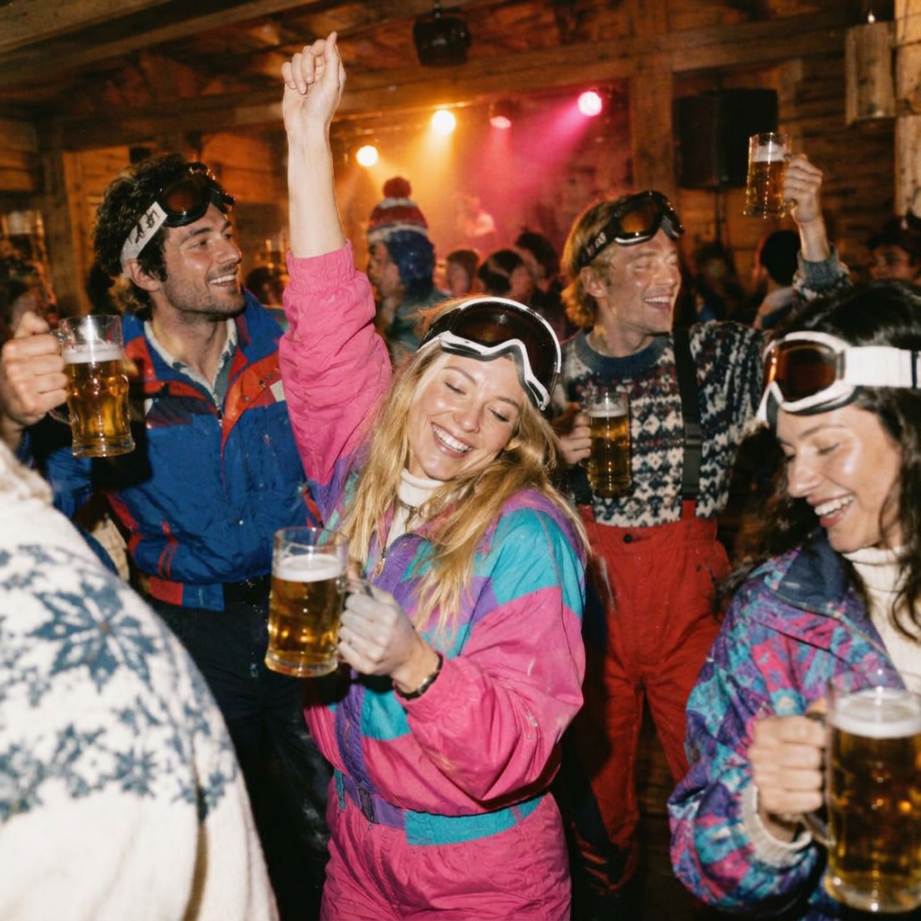 KI-Beispielbild: Après-Ski-Gäste mit Skibrillen und Bierkrügen in einer feiernden Hütte