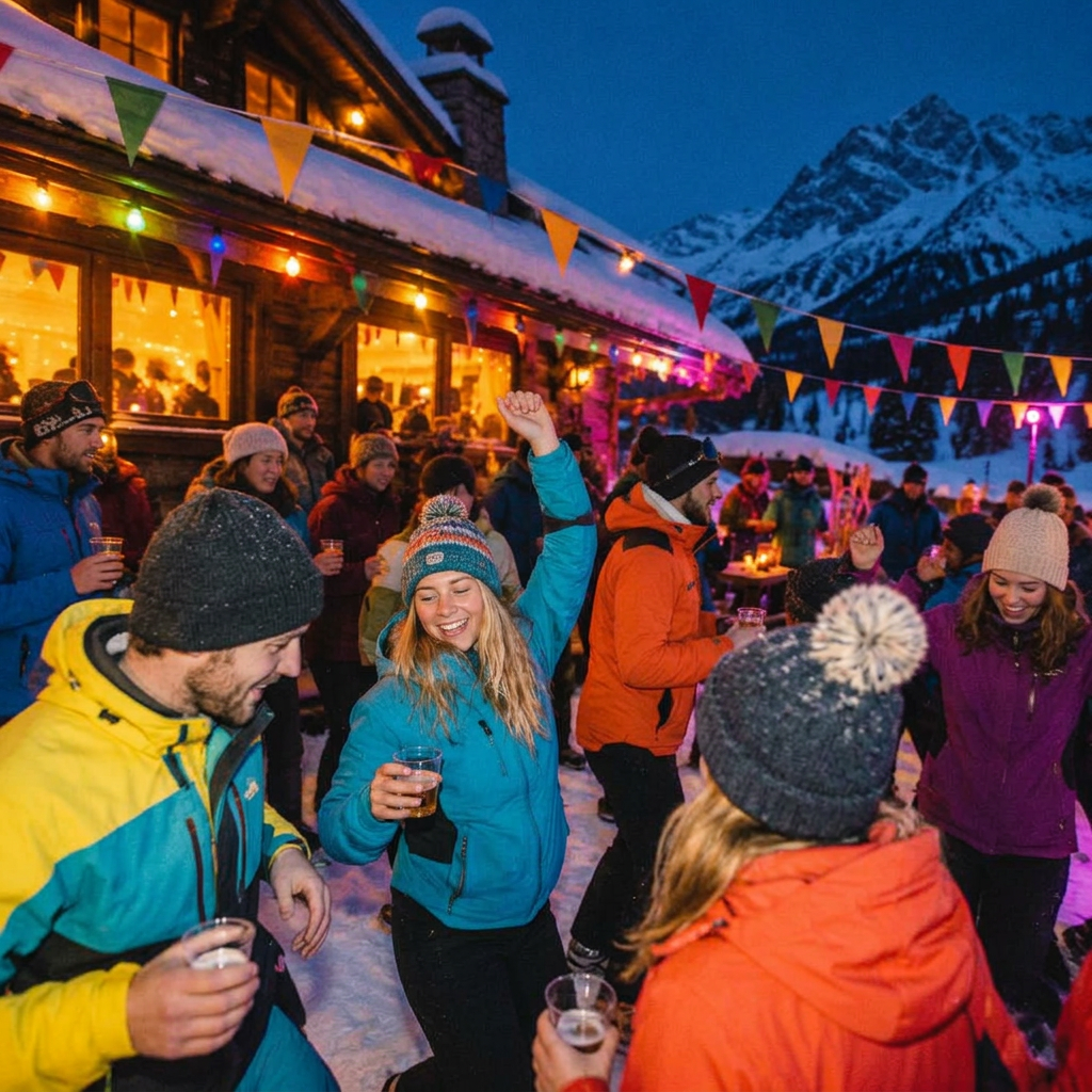 KI-Beispielbild: Après-Ski-Party vor einer verschneiten Berghütte